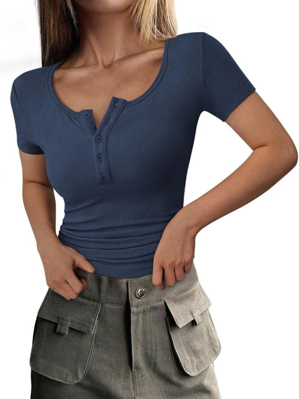 Women's Dark Blue Short Sleeve Ribbed Henley Button Slim Fit Casual T Shirts